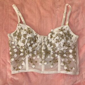 Elegant Floral Embroidered White and Gold Women's Top